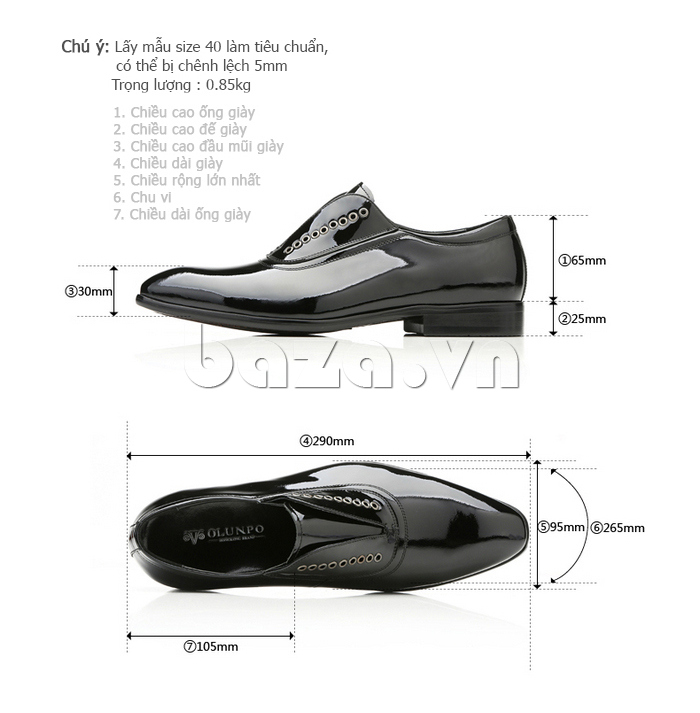kích thước của Giày da nam Olunpo QHT1435