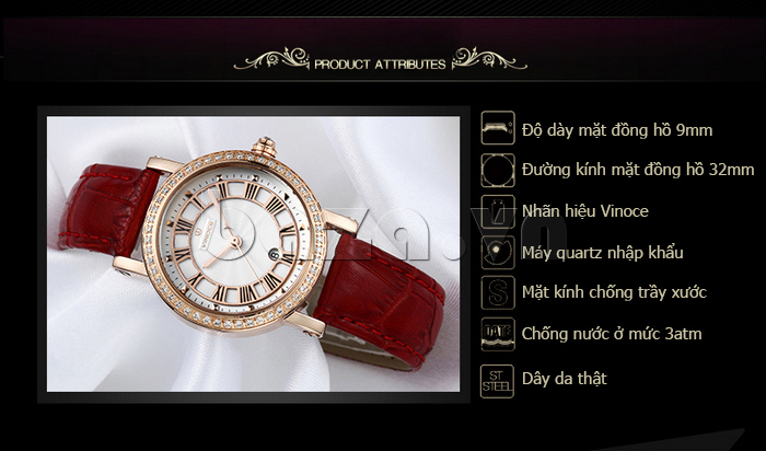 Đồng hồ nữ dây da Vinoce 3281GGB sang trọng 