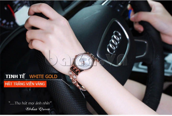 Đồng hồ hiệu nữ Vinoce 6353 kiểu lắc tay thời trang siêu mỏng màu trắng viền vàng 