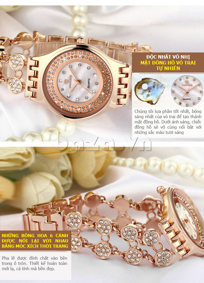 Đồng hồ hiệu nữ Vinoce 6353 kiểu lắc tay thời trang siêu mỏng mặt đồng hồ vỏ trai tự nhiên 