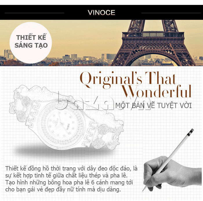 Đồng hồ hiệu nữ Vinoce 6353 kiểu lắc tay thời trang siêu mỏng thiết kế sáng tạo 