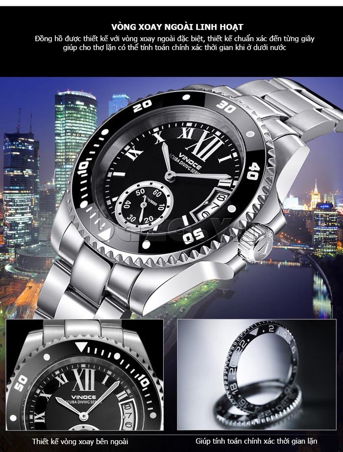 Đồng hồ nam mạnh mẽ Vinoce V6338633 viền khắc số thiết kế lạ