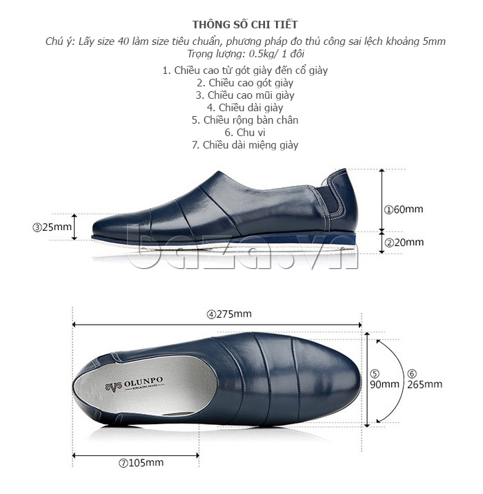 Kích thước của Giày da nam gót chun Olunpo CCY1505