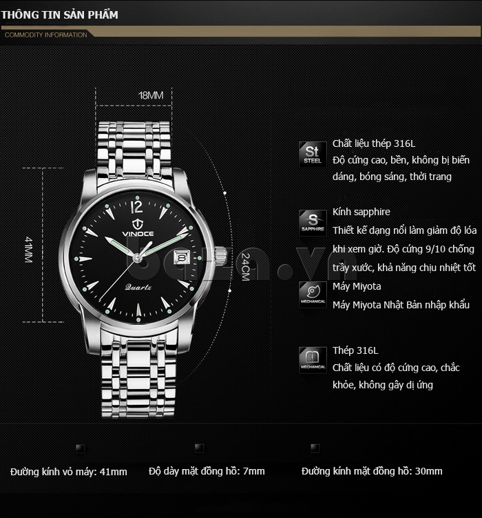 Đồng hồ doanh nhân nam kim dạ quang Vinoce 8381 thiết kế tinh tế