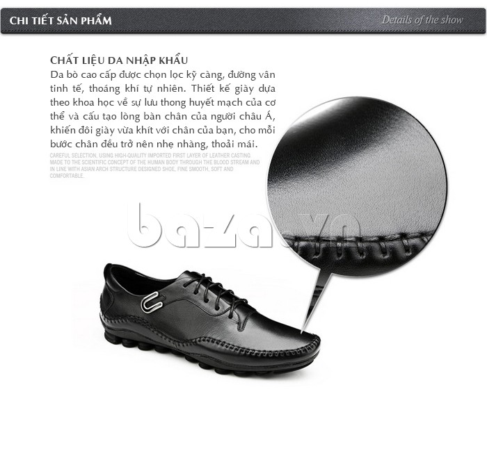 Giày nam Olunpo QABA1303 được làm từ da nhập khẩu giúp chân không bị đau nhức, mùi hôi khi đi giày