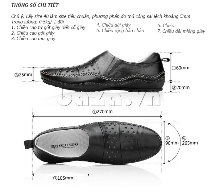Kích thước chuẩn của Giày lười nam da thật đục lỗ Olunpo XHT1502