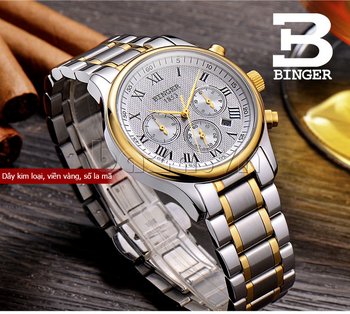 Đồng hồ nam Binger BG002 bạc vàng