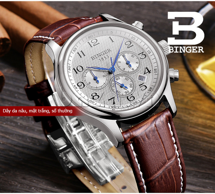 Đồng hồ nam Binger BG002 nâu trắng
