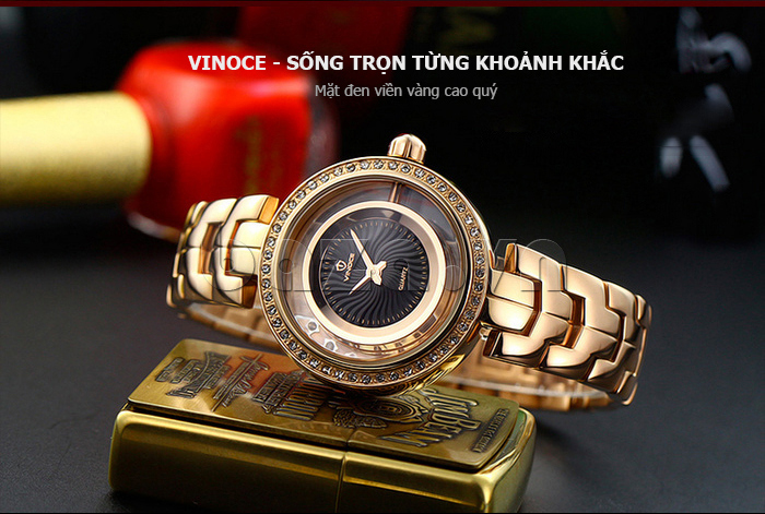 Đồng hồ nữ đính pha lê Vinoce 8377 viền vàng cao quý 