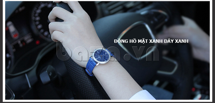 Đồng hồ nữ siêu mỏng đính đá Vinoce V8350TW số la mã mặt xanh dây xanh 