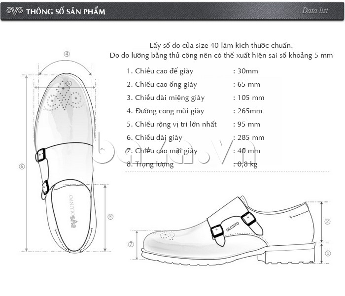 Thông số sản phẩm giày nam Olunpo QHSL1301