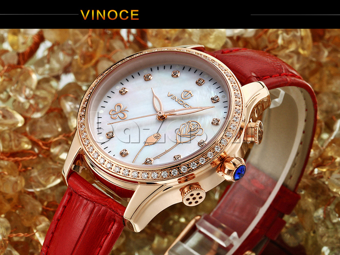 Đồng hồ nữ Vinoce V6276L dây da, viền đính đá sang trọng kết hợp hài hòa đường nét sang trọng 