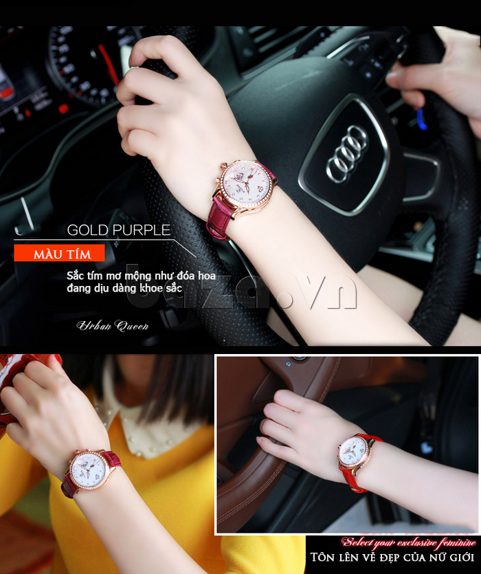 Đồng hồ nữ Vinoce V6276L dây da, viền đính đá sang trọng màu tím 