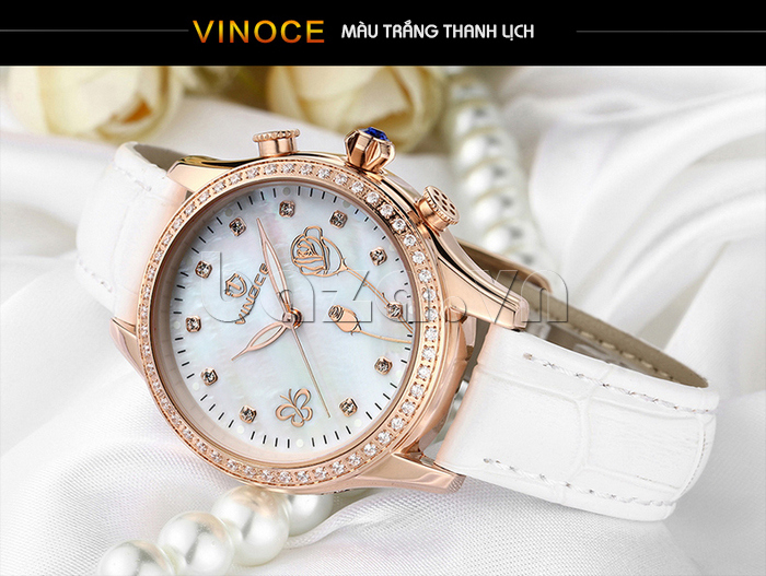 Đồng hồ nữ Vinoce V6276L dây da, viền đính đá sang trọng trang nhã 