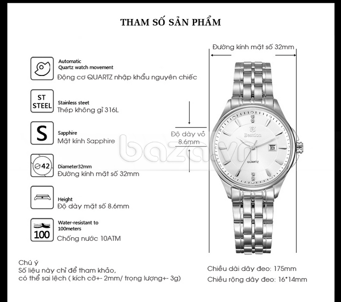 Đồng hồ nữ mặt tròn 9962L - thông số sản phẩm 