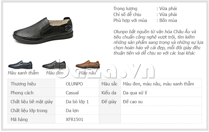 Kích cỡ của Giày da nam đục lỗ Olunpo XFR1501