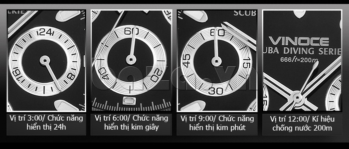 Đồng hồ nam mốc giờ dạ quang Vinoce V6331111 phong cách