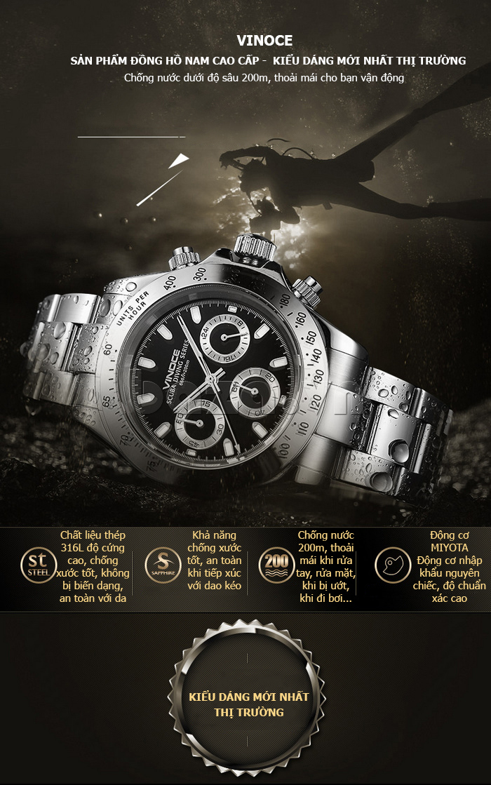 Đồng hồ nam mốc giờ dạ quang Vinoce V6331111 