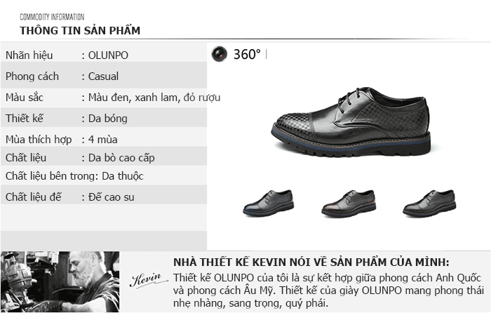 thông tin của Giày da nam Olunpo QMD1401