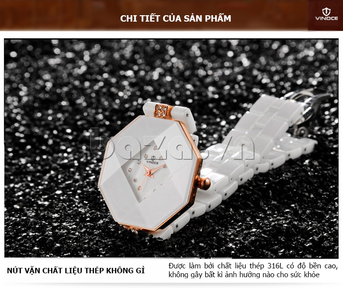 chi tiết sản phẩm Đồng hồ nữ ceramic mặt bát giác Vinoce 633228 