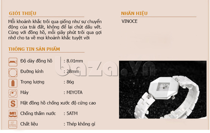 thông tin Đồng hồ nữ ceramic mặt bát giác Vinoce 633228 