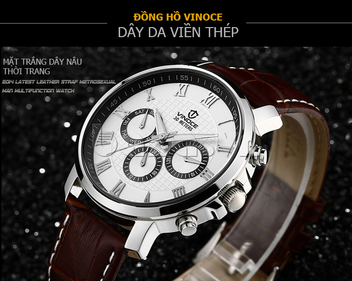 Đồng hồ nam dây da Vinoce V8370G thiết kế bền