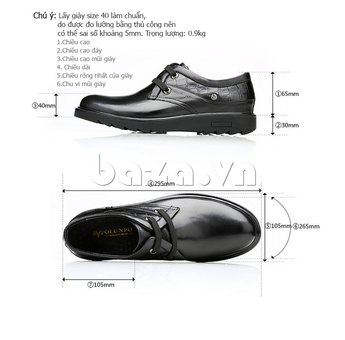 kích thước của Giày da nam Olunpo QHL1402