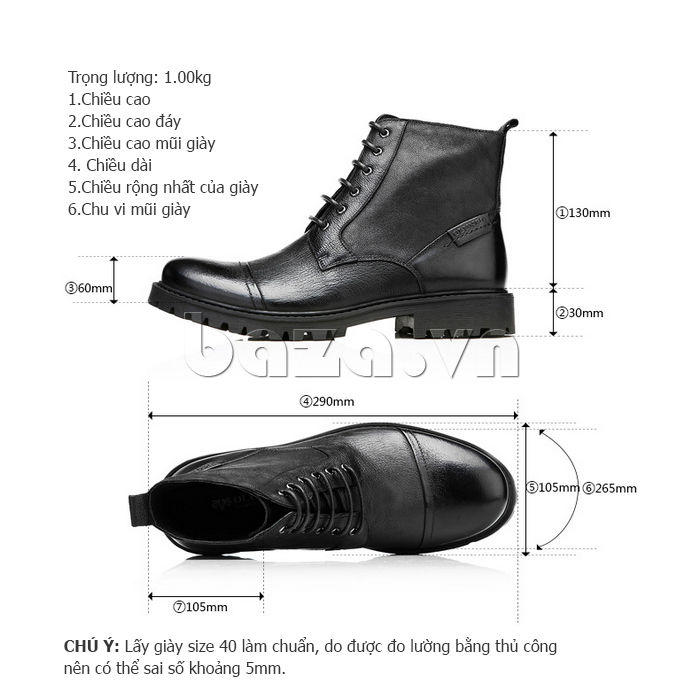thông tin kích thước của Giày boot nam Olunpo DHT1439