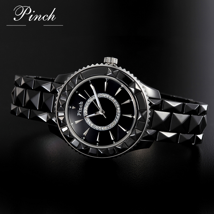 Đồng hồ nữ thời trang Pinch 6001 Viền ceramic lập thể ấn tượng