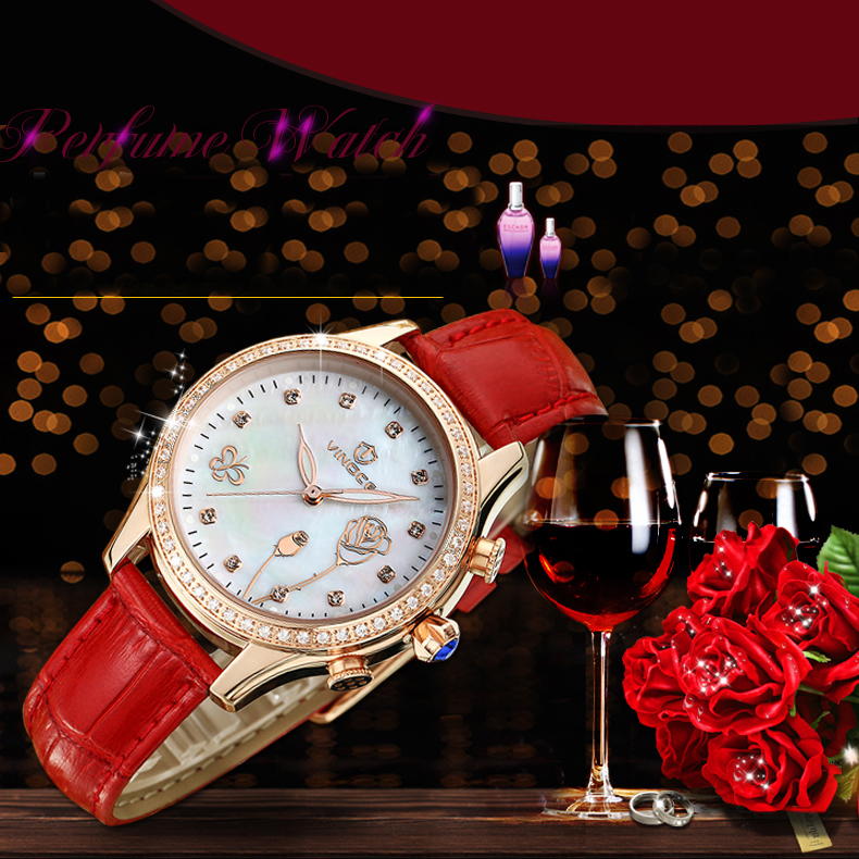 Đồng hồ nữ Vinoce V6276L dây da, viền đính đá tinh xảo 
