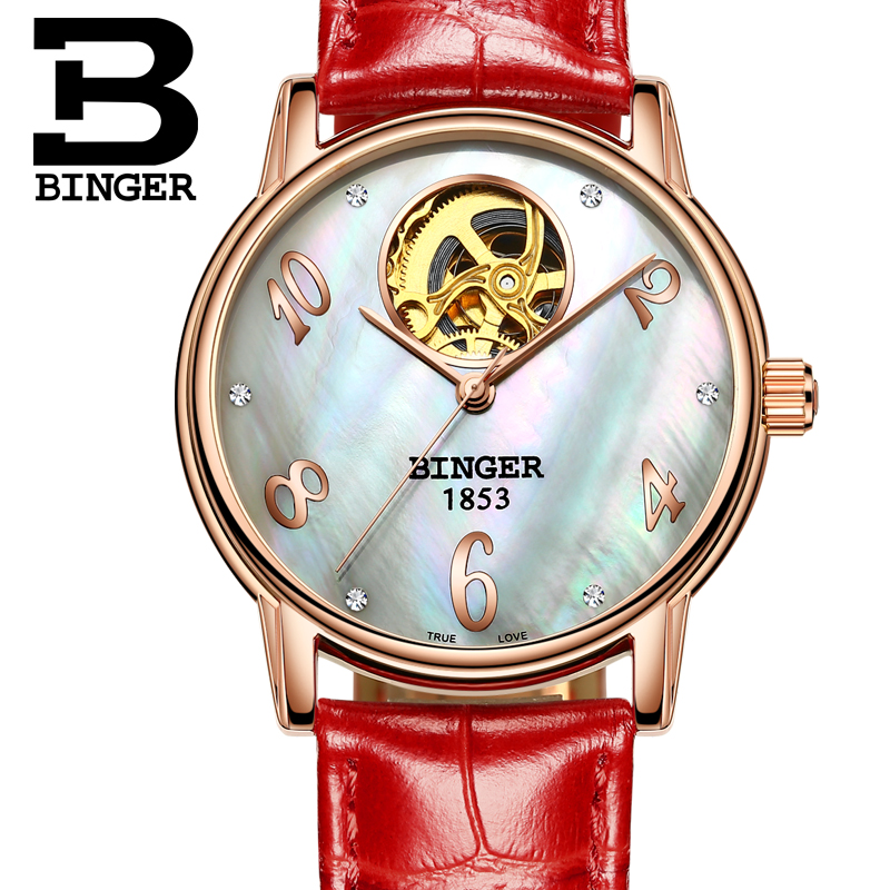 Đồng hồ cơ nữ Open Heart khảm trai Binger