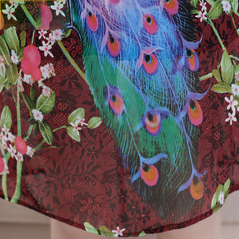 Váy chiffon cộc tay họa tiết chim công SMT